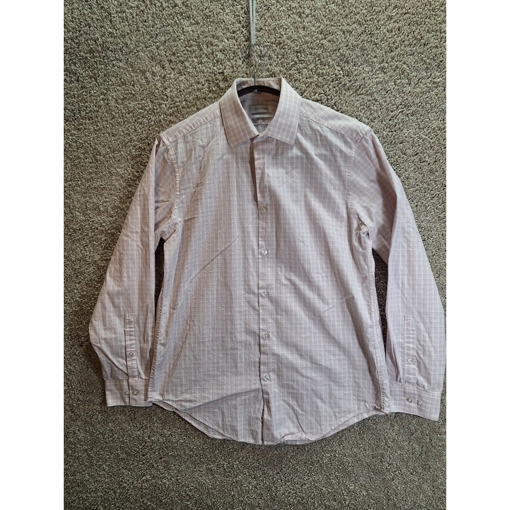 Calvin Klein Dress Shirt Men's Medium White Pink Plaid Slim Fit Collar Button Up